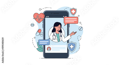 Mobile healthcare app displays a friendly female doctor on a smartphone screen surrounded by various medical and wellness icons.