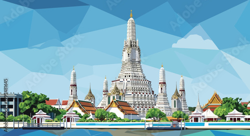 Wat Arun Temple Bangkok Thailand Skyline River View Geometric Low Poly Style