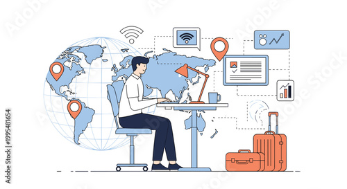 Professional man works at a modern desk with a world map and various travel icons to represent a global business or remote work.