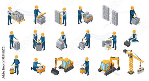 Isometric construction workers set. Building process. Flat vector illustration. Construction site.