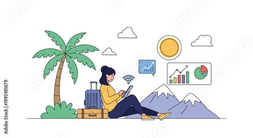 Digital nomad woman working on tablet while sitting on beach with palm tree and mountains in background using remote internet.