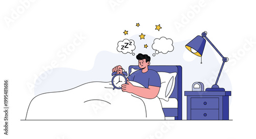 Young man sitting in bed holding alarm clock while waking up in morning after dreaming under starry night sky and lamp light.