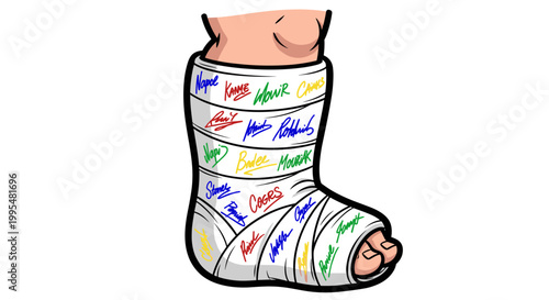 Illustration of a leg with a cast covered in colorful signatures and doodles, set against a plain white background