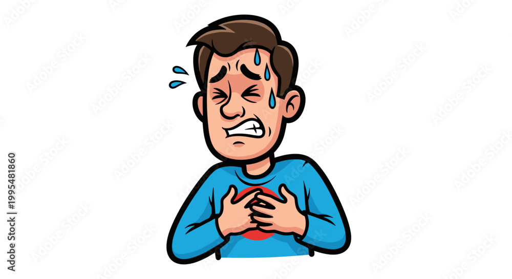 Fototapeta premium Cartoon illustration of a man clutching his chest in pain, with a distressed expression and sweat on his brow, set against a plain white background