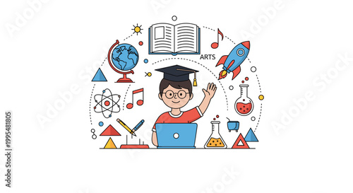 Young boy wearing graduation cap while learning online with laptop surrounded by educational science and art icons on white background.