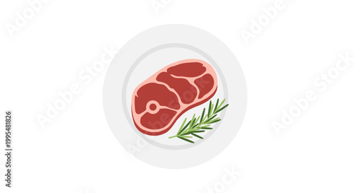 Illustration of a juicy beef steak garnished with fresh rosemary on a white plate, minimalistic design with clean lines and neutral background
