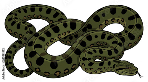 Green Anaconda Snake Illustration Isolated on White Background