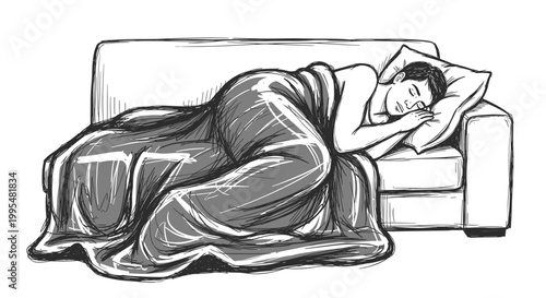Illustrated man peacefully sleeping under a blanket on a couch, monochrome sketch with cozy and serene atmosphere