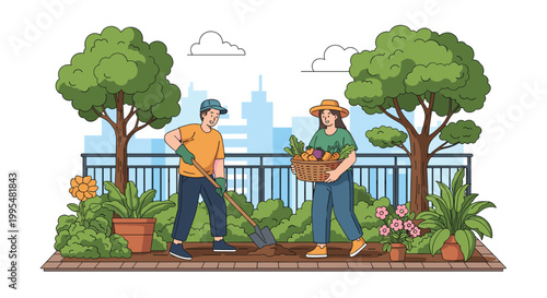Man and woman working in urban community garden with trees and vegetables featuring city skyline in background on sunny day.