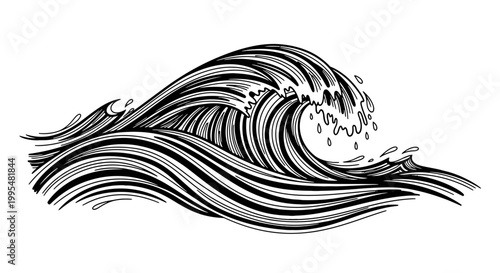 Detailed intricate black and white ocean wave crashing with sea foam, powerful line art illustration, isolated white background.