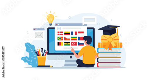 Student learning multiple foreign languages through an online platform with a computer screen displaying various flags.
