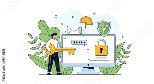 Cybersecurity expert holding a giant golden key in front of a computer monitor to illustrate data protection and safety.