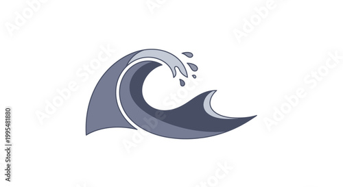 Minimalist stylized grey ocean wave with small splashes, simple marine design, isolated white background.