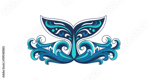 Ornate whale tail emerging from elaborate blue and turquoise ocean waves, decorative marine art, isolated white background.