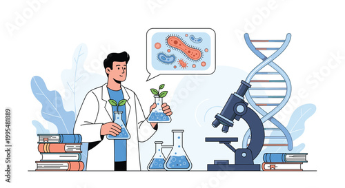 Dedicated male scientist working in a laboratory with plants in flasks while studying microbiology and DNA structures.