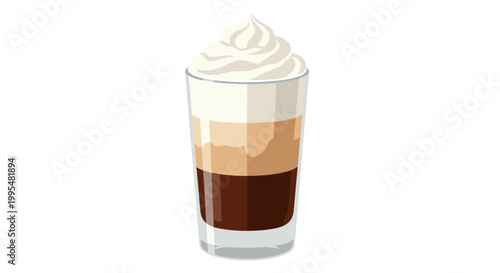 Illustration of a glass of iced mocha topped with creamy whipped cream, featuring layered coffee tones and a minimalist white background