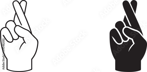Fingers crossed hand gesture black silhouette and outline vector.