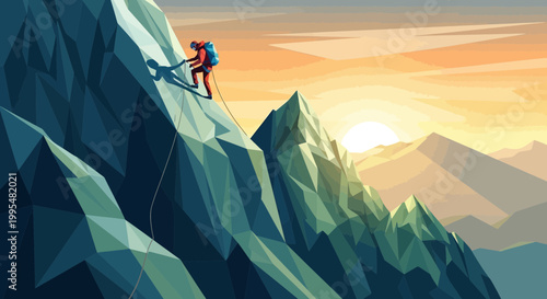 Mountaineer climbing steep mountain peak at sunrise, adventure and achievement concept
