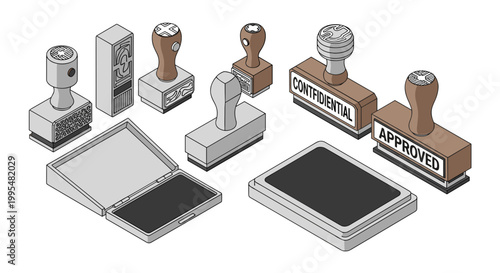 Illustration of various rubber stamps with ink pad in grayscale and brown tones, showcasing an assortment of approval and office tools on a white background