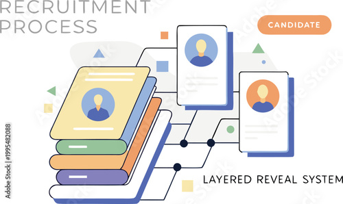 A graphic illustration of a recruitment process with a layered reveal system for candidate selection
