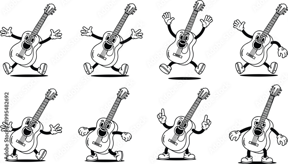 Fototapeta premium Cute Cartoon Acoustic Guitar Character Mascot Running Jumping and Dancing in Various Funny Animated Poses on White Background