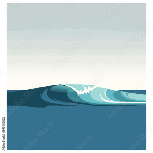 Illustration of a large ocean wave cresting with white foam against a gradient blue and gray sky