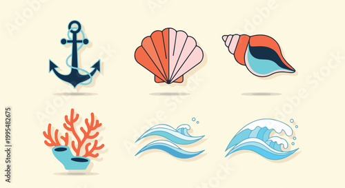 Nautical summer icon set with anchor, seashells, coral and ocean waves. Flat vector sea life collection for beach travel branding and maritime design.