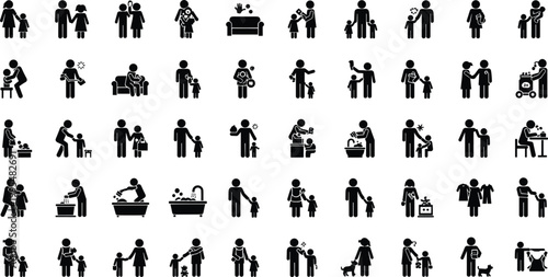 Black Stick Figure Pictogram Set Depicting Family Parenting and Child Care Activities in Everyday Life Situations