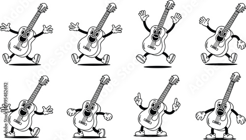Cute Cartoon Acoustic Guitar Character Mascot Running Jumping and Dancing in Various Funny Animated Poses on White Background