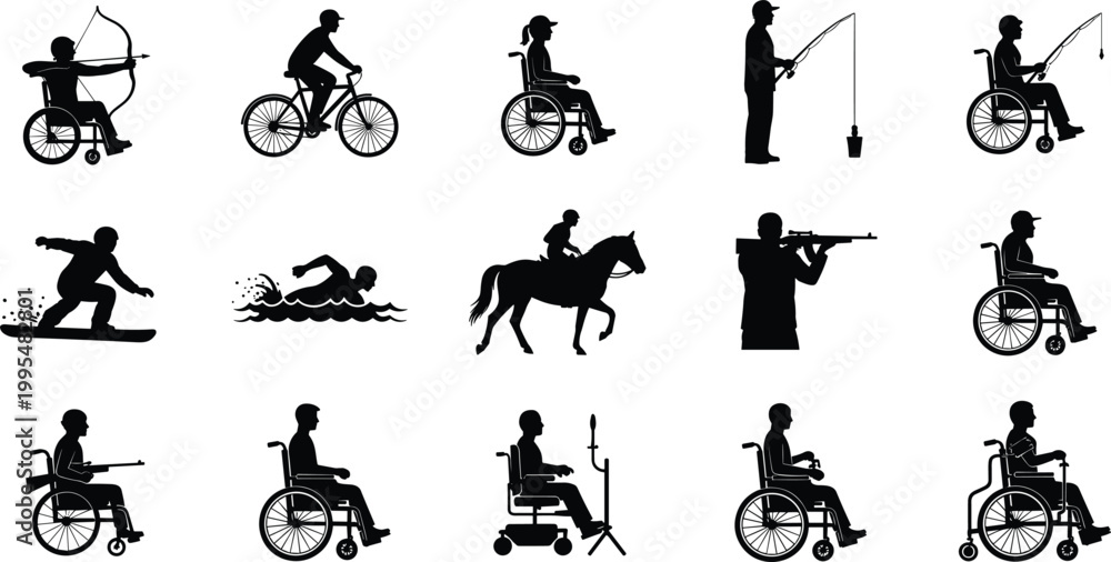 Naklejka premium Black Silhouette Set of Disabled and Active People Doing Sports and Activities in Wheelchair Collection