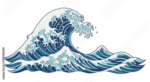 Powerful blue ocean wave cresting with sea foam in traditional Japanese style, isolated white background.