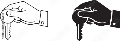 Hand holding key silhouette and outline flat vector icon.