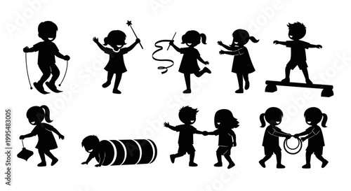 Set of Children Silhouettes Playing and Having Fun