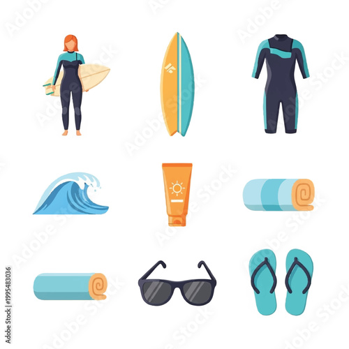 Surfing wetsuit and beach accessories.