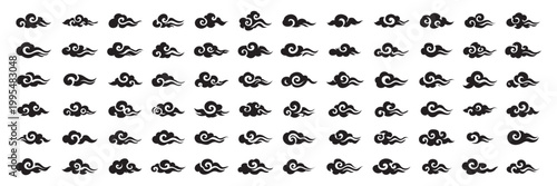 Traditional Japanese clouds and water waves set, oriental style hand drawn vector elements, vintage chinese cloud patterns for decorative design
