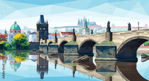 Prague Charles Bridge low poly geometric illustration with Vltava river reflection