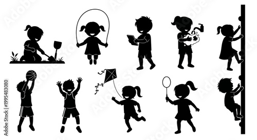 Set of Children Silhouettes Playing and Engaging in Outdoor Activities