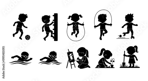Set of Children Activities Silhouettes Playing Sports and Hobbies