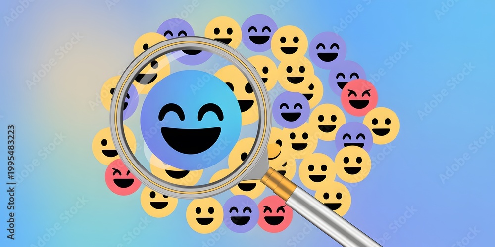 Fototapeta premium Digital illustration of a magnifying glass highlighting a joyful blue emoji among a diverse crowd, symbolizing positive feedback, selection, or discovering happiness