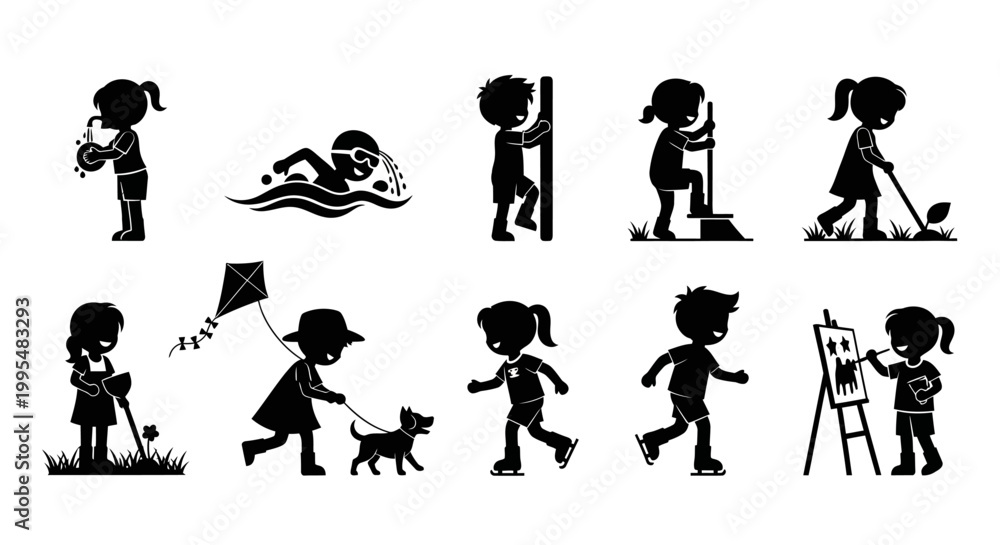 Fototapeta premium Set of Children Activities Silhouettes Icons