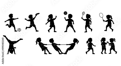 Set of Children Playing Sports and Outdoor Games Silhouettes