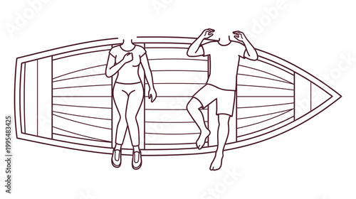 Minimalist outline drawing of young couple relaxing in wooden rowboat.