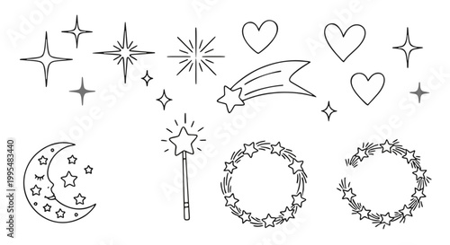 Hand drawn celestial doodle set with stars and moon, whimsical magic wand and heart icons, black and white star wreath vector illustrations