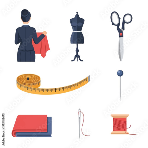 Tailor working with fabric and sewing tools collection.
