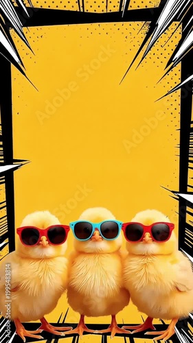 サングラスのひよこ三羽を下部に配置した漫画風コマ割りフレーム背景の縦動画