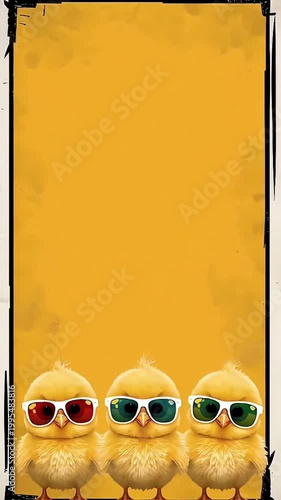 漫画風コマ割りフレーム背景にひよこ三羽とサングラスを下部配置した縦動画