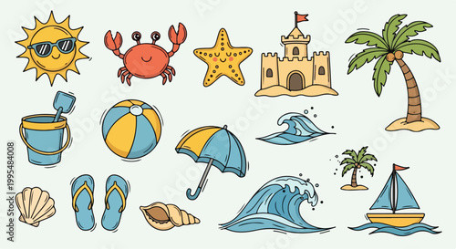 Hand drawn summer beach icons set, cute tropical vacation vector illustrations, cartoon sea life and travel elements for seasonal design