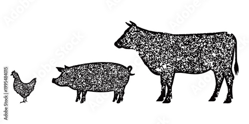 鶏・豚・牛のシルエットスタンプ風ベクター素材セット