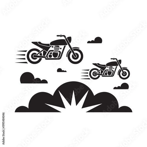Two motorcycles speeding through the sky with clouds and a rising sun