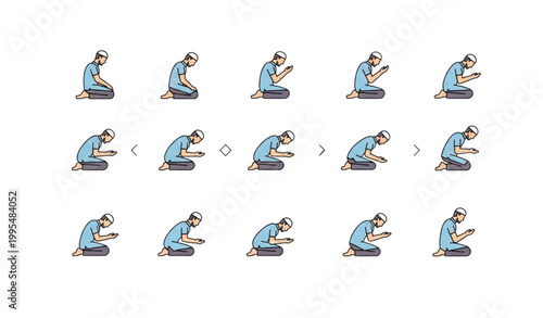 Islamic prayer step icons muslim salah positions flat vector illustration set
